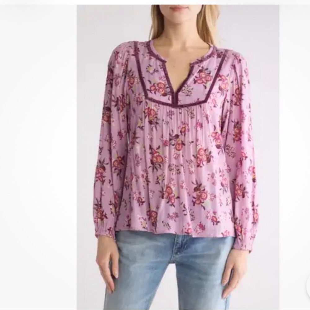 Lucky Brand Pink Boho Floral Blouse Top Relaxed Babydoll Comfy Boho Chic XS